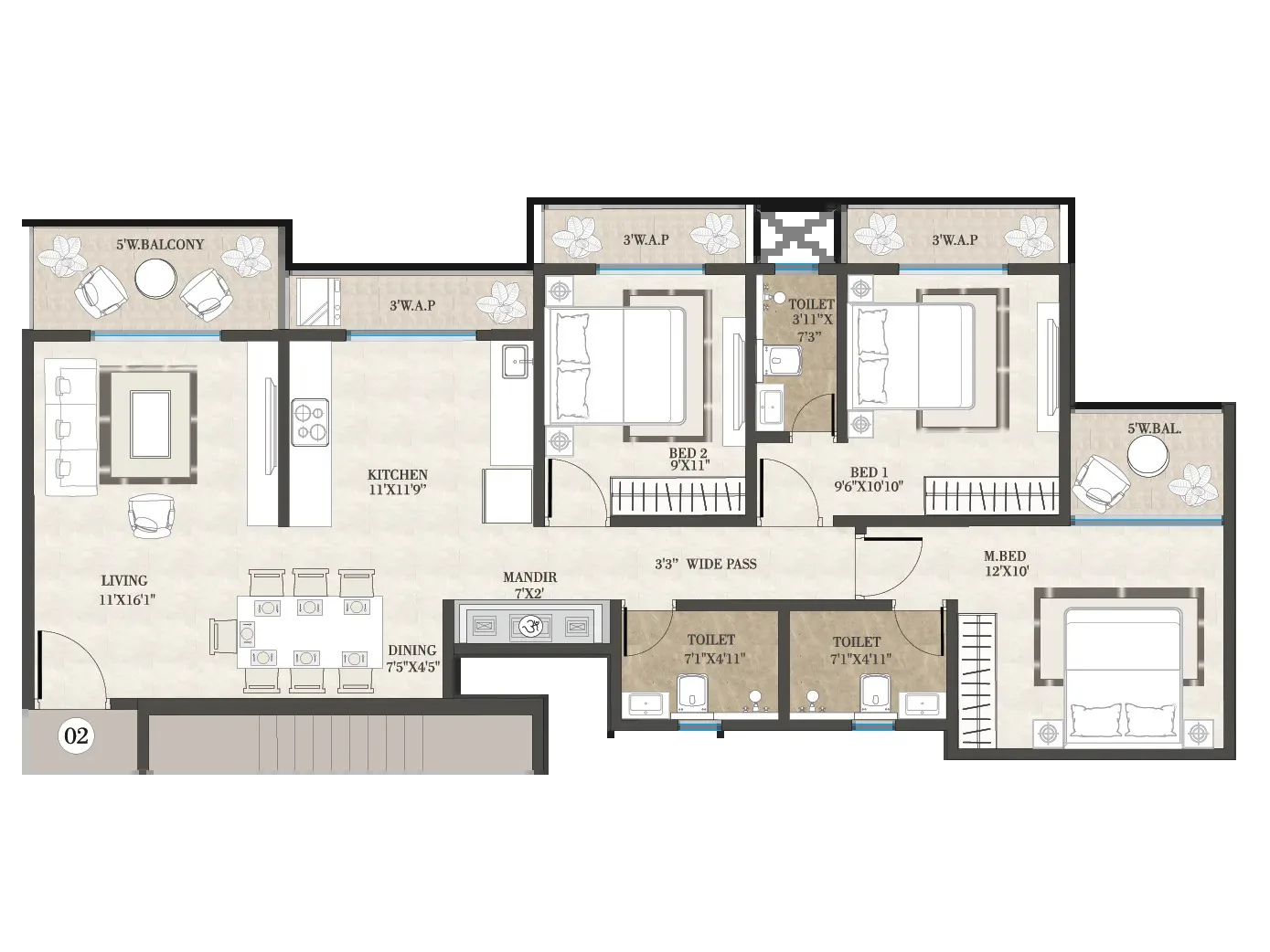 Cosmos Serenity floor plan - 3 BHK