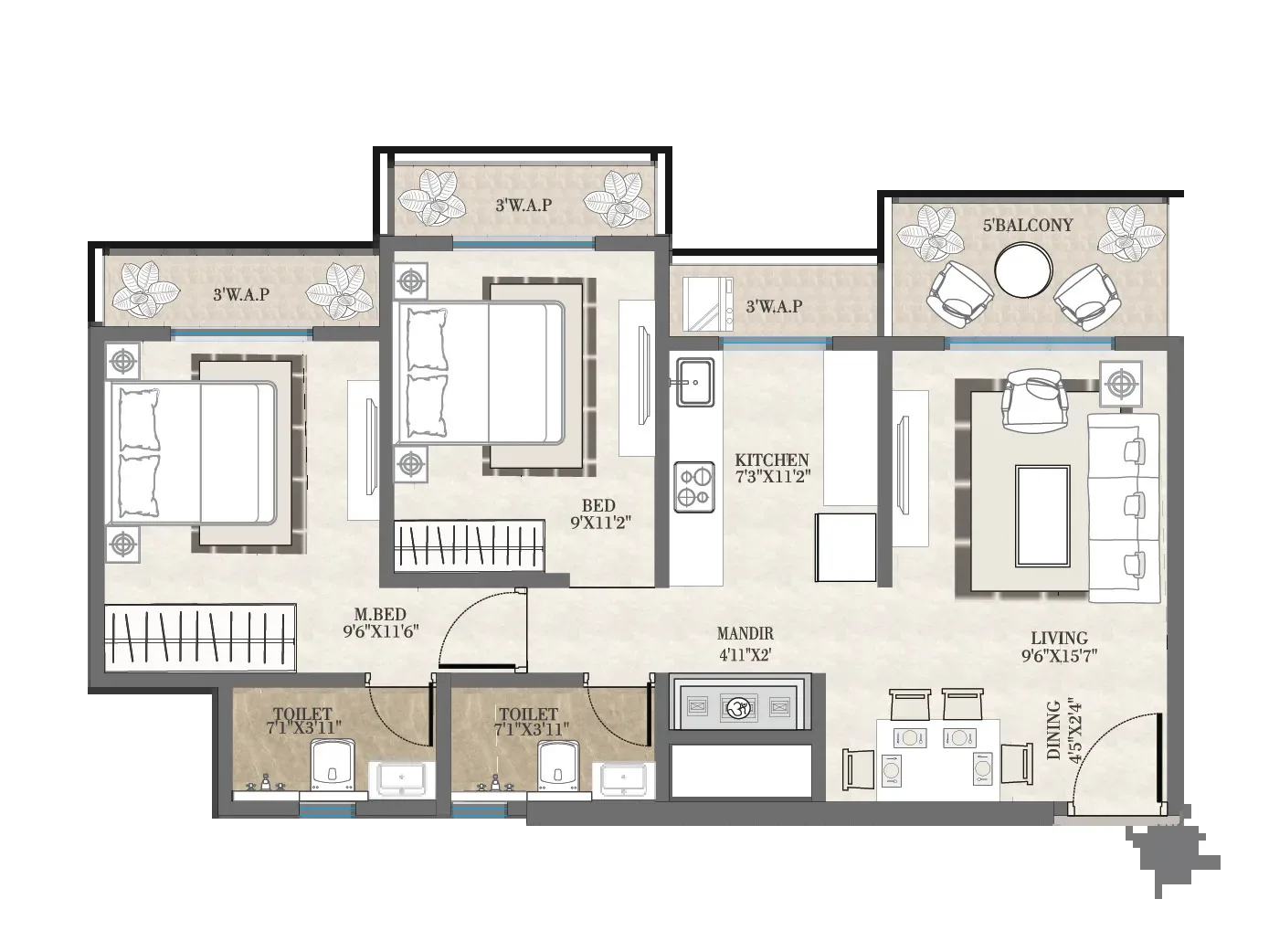 Cosmos Serenity floor plan - 2 BHK